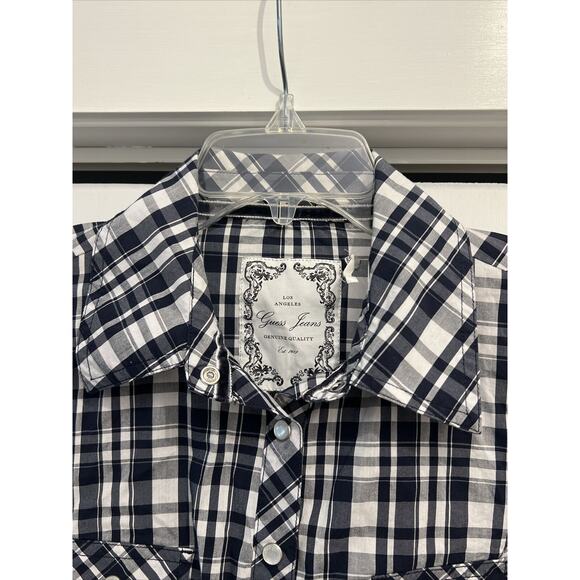 Guess Jeans BLUE/WHITE Checkered Pearl Snap Long Sleeve Shirt Women’s Sz L - Picture 3 of 11